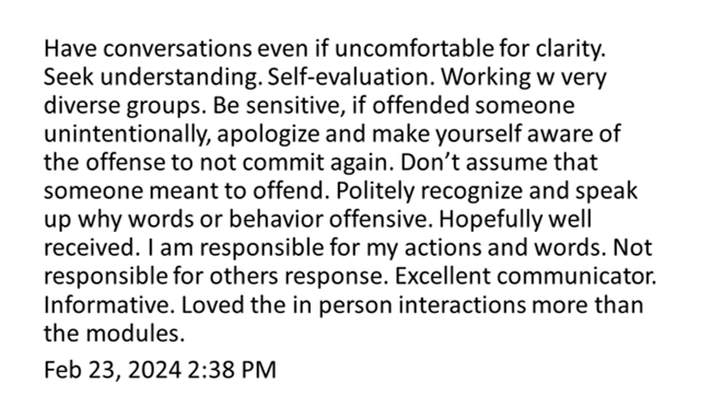 Participant testimonial about difficult conversations, diversity, and personal responsibility — Feb 23, 2024
